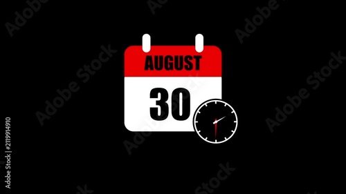 August 30 Calendar with Clock Animated Icon Schedule Reminder Date Event Planner Time Management Business Organizer Symbol Isolated Black Background.