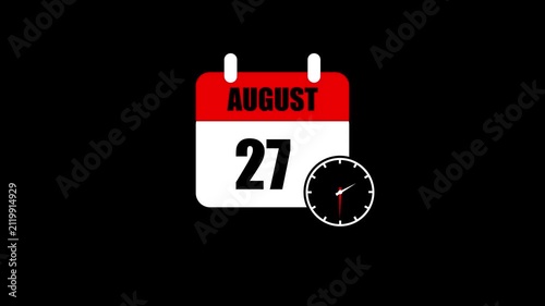 August 27 Calendar with Clock Animated Icon Schedule Reminder Date Event Planner Time Management Business Organizer Symbol Isolated Black Background.