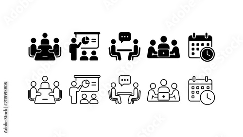 Business Meeting and Schedule Icons in Silhouette and Outline Style