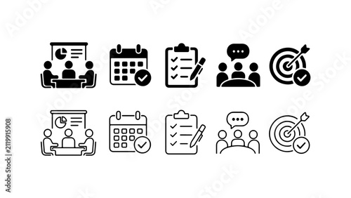 Business Task and Management Icon Set in Silhouette and Outline Styles