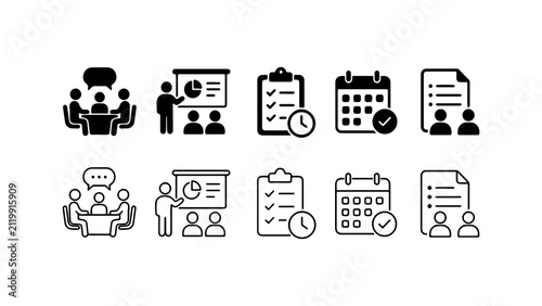 Business Meeting and Management Icon Set in Glyph and Outline Style