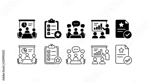 Business Meeting and Task Management Icon Set in Silhouette and Outline Style
