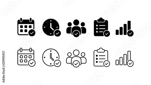 Business Task Completion Icon Set in Solid Silhouette and Linear Outline Style