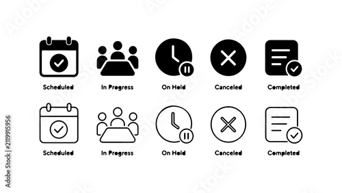 Task Status Icon Set in Solid Silhouette and Linear Outline Styles