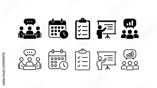 Business Meeting and Planning Icon Set in Silhouette and Outline Style