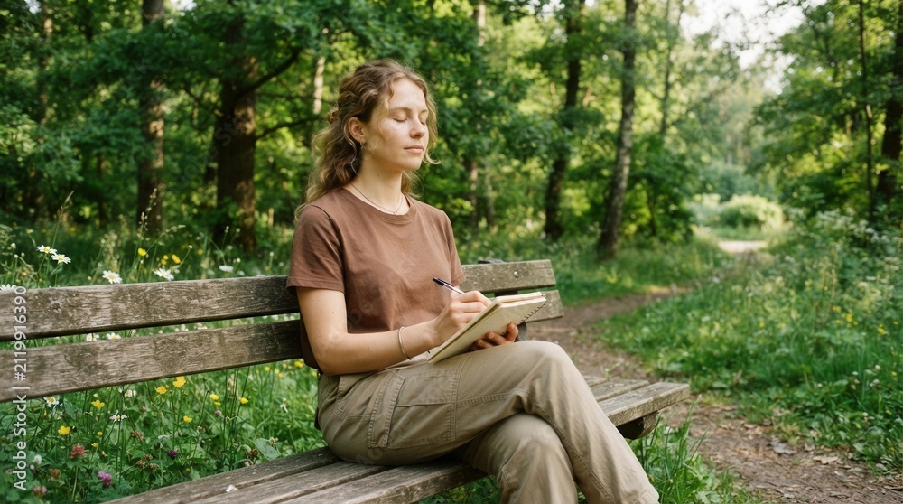 Obraz premium Woman sitting wooden bench park She Focused on in lush green