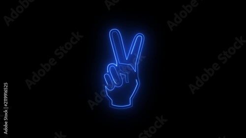 Glowing Blue Neon Victory Hand Sign Animated Icon Peace Symbol Two Fingers Gesture Concept Line Art Isolated Black Background.