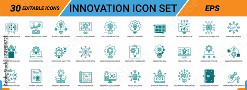 Innovation icon set for digital technology and business transformation roadmap vector flat.