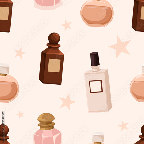Perfume bottles, seamless pattern. Odor jars, toilet water, parfum, endless b...