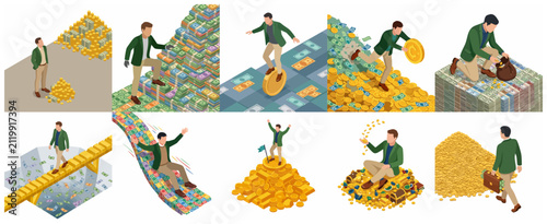 Bild auf Leinwand Isometric businessman and wealth concepts set, man with stacks of money, coins,