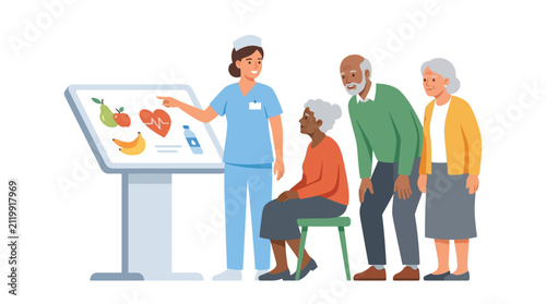 Friendly nurse explaining healthy nutrition and lifestyle to senior citizens on a digital screen flat vector illustration.