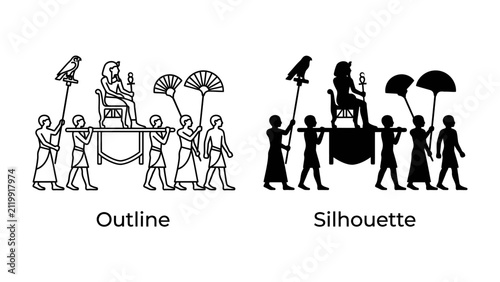 Fotografie Ancient Egyptian Procession: An artistic representation of an ancient Egyptian procession featuring a seated figure on a palanquin, attended by servants carrying fan and bird