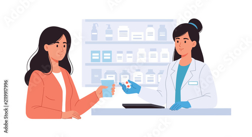 Friendly pharmacist providing prescription pills and water cup to woman at pharmacy counter flat vector illustration.