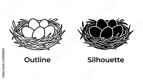 Canvastavla Nest with Eggs Outline and Silhouette: Two depictions of a bird's nest containing several eggs, one shown in outline and the other as a silhouette