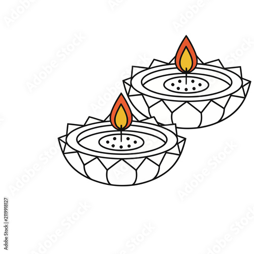 Two Diya Lamps with Flames