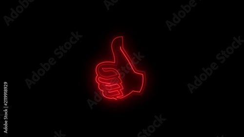 Glowing Red Neon Thumbs Up Animated Icon Like Button Social Media Approval Hand Gesture Line Art Isolated Black Background.