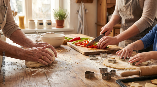 Family generations together concept, wrinkled to small hands, flour scattered, wooden island, collaborative kitchen moment, no faces