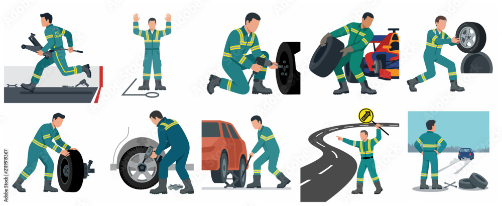 Fototapeta premium Set of Professional Pit Crew and Mechanic Characters for Racing and Car Maintenance Services