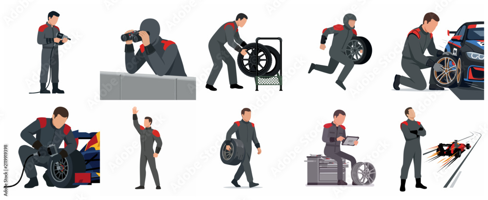 Fototapeta premium Professional Race Car Pit Crew Mechanics and Pit Stop Team Flat Vector Illustration Set