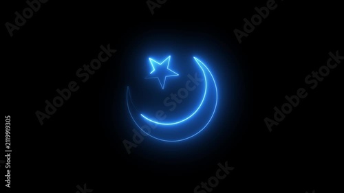 Glowing Blue Neon Crescent Moon and Star Animated Icon Islamic Symbol Ramadan Mubarak Kareem Eid Festival Line Art Isolated Black Background.