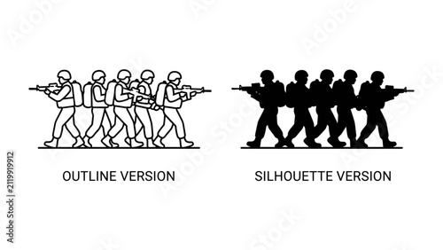 Bild auf Leinwand Military Formation: A graphic illustration depicting two distinct styles of a squad of soldiers in formation, one as an outline and the other as a solid silhouette, both armed and marching forward