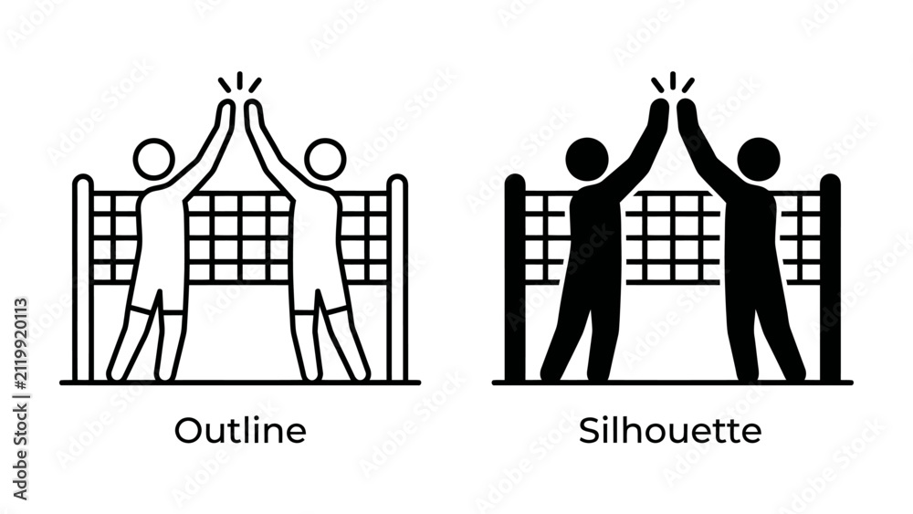 Fototapeta premium Volleyball Teamwork Celebration: Two volleyball players, depicted in both outline and silhouette styles, high-five enthusiastically over the net, celebrating a successful play and teamwork.