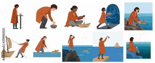 Foto Vector illustration set of a woman in an orange coat with paper boats, represent