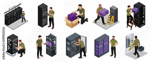Isometric Data Center Maintenance and Server Installation Illustrations Set with IT Technicians and Network Hardware