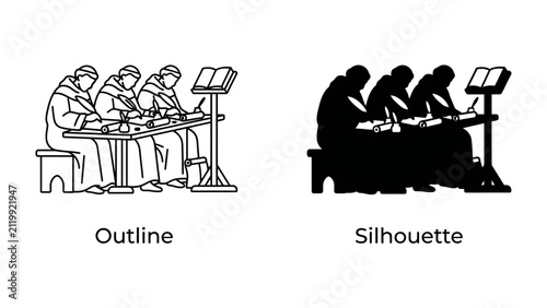 Quadro su tela Monks Scribing in a Scriptoria: A depiction of monks engaged in the meticulous art of manuscript illumination and writing within a monastic scriptoria, shown in both outline and silhouette formats