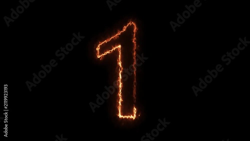 Fiery Glowing Burning Fire Number One Outline Animation Motion Graphics Isolated on Dark Black Background for Countdown, Ranking, Fiery Energy FX, Winner Symbol, and Power Overlay Design