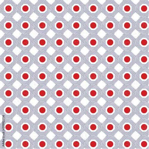 Seamless Geometric Pattern With Red Dots And Blue Striped Motif For Textile And Wallpaper