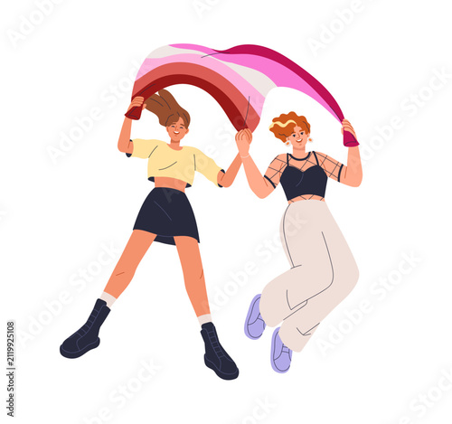Happy homosexual girl couple holding lesbian flag. Love partners, women celeb...