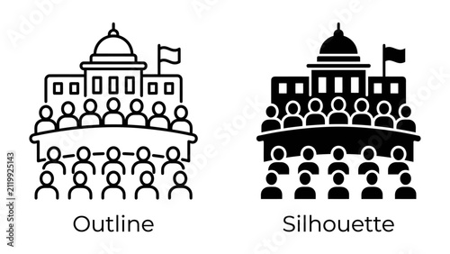 Government Building with People Icons: An illustration showing a government building in both outline and silhouette style, with rows of people icons representing citizens or attendees.