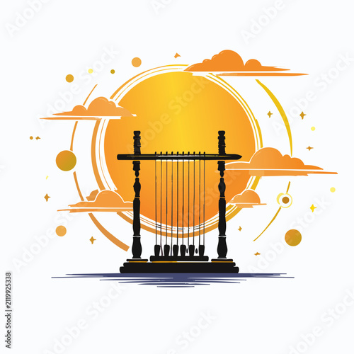 Konstfotografi Silhouette of traditional ethnic zither instrument against a glowing golden sun