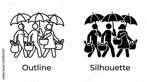 Принти на полотні People with Umbrella and Shopping Bag Icon Set: Two sets of stick figures, one outlined and one silhouetted, walk together under umbrellas while carrying shopping bags