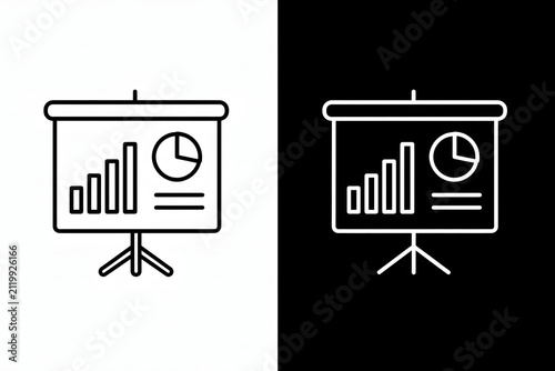Clean Line Art Icons Depicting Presentation Screen with Bar and Pie Charts for Business Analytics and Strategic Data Visualization