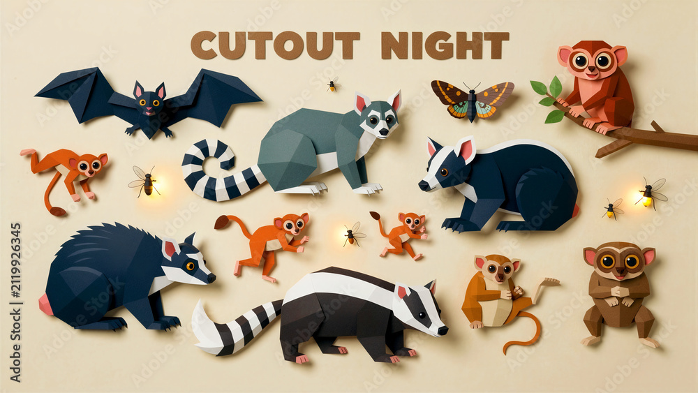 Fototapeta premium Paper-cut nocturnal animals like lemurs, bats, and badgers. Artistic papercraft wildlife characters on neutral background. Creative craft concept for educational media and children's designs.