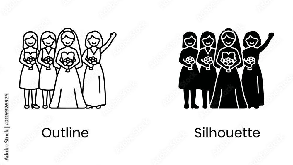 Fototapeta premium Bridal Party Duo: An outline and silhouette depiction of a bride with her bridesmaids, adorned with bouquets, ready for the wedding ceremony.