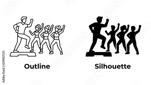 Fitness Class Icons: A set of two stylized graphics depicting a fitness instructor leading a group of participants in a step aerobics class.
