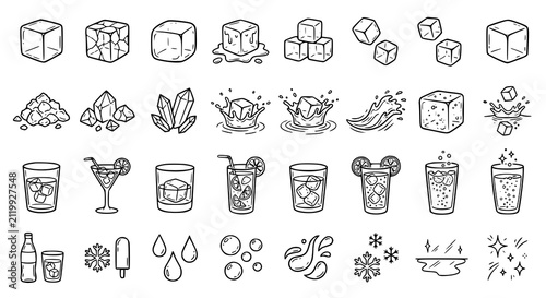 Hand Drawn Ice Cube and Water Splash Doodle Collection Outline Vector Illustration
