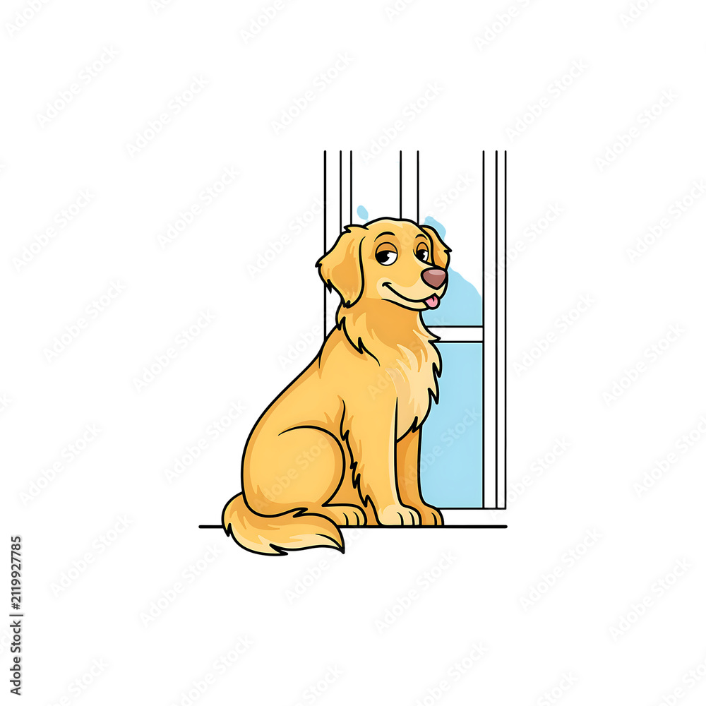 Obraz premium Cute golden retriever dog sitting and waiting patiently by a glass door in a home setting