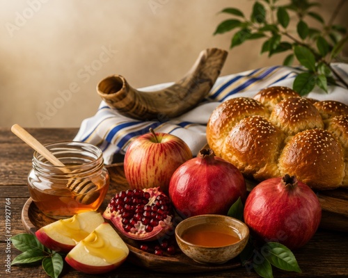 Rosh Hashanah Jewish holiday traditional symbols with honey, apples, pomegranate and shofar on festive table