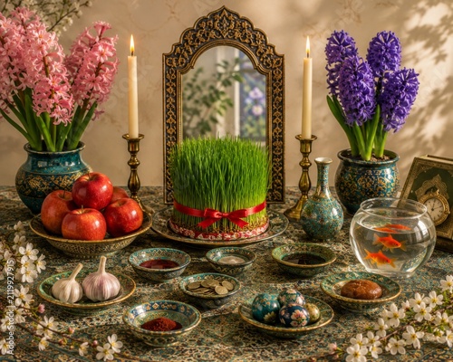 Nowruz Haft-Seen Table with Sabzeh, Hyacinths, Goldfish and Traditional Persian New Year Decorations