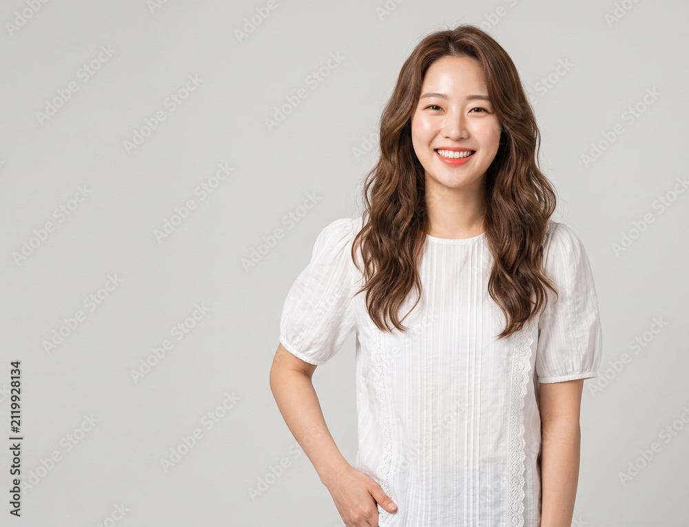 Fototapeta premium A beautiful young Asian woman in a white shirt smiling warmly