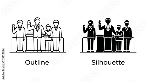 Canvastavla Oath Taking Ceremony: Two sets of stylized figures, one outlined and one silhouetted, stand before a surface, raising their hands in a solemn oath-taking or pledging gesture