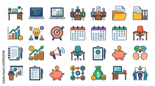 Collection of business and finance icons representing office work, planning, and success.