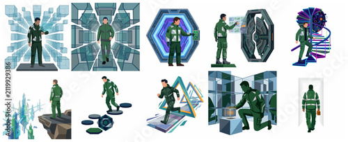 Futuristic man in green uniform exploring virtual reality and sci-fi environments, collection of 10 vector illustrations featuring metaverse, digital portals, and high-tech interfaces.