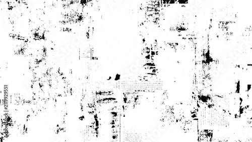 Abstract black and white distress grunge texture background with faded newspaper overlay print weathered noise, urban wall distress, and vintage abstract paper overlay design.