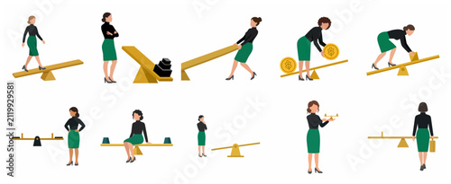 Businesswoman using seesaws and scales for financial balance, decision making, and work-life harmony concept vector illustration set