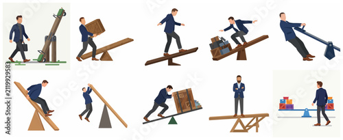 Set of businessmen illustrations representing balance, risk management, and work-life stability metaphors using seesaws and levers